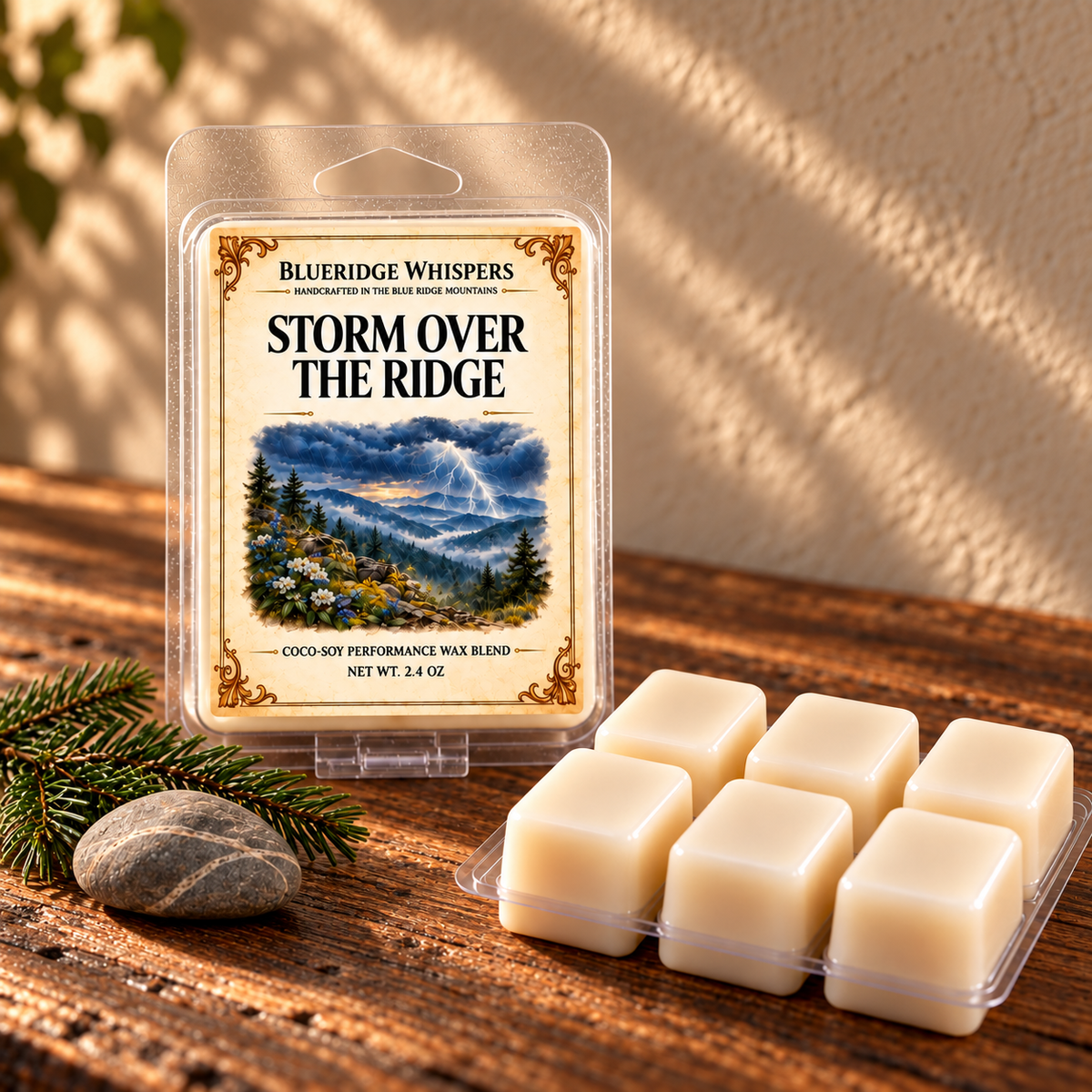 Storm Over The Ridge on a dark rustic wooden table with scent accents in warm natural light.