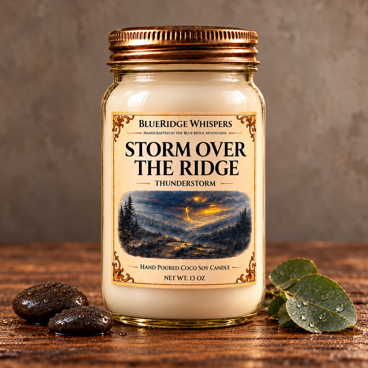 Storm Over the Ridge – Rain Coco-Soy Candle on weathered wood against a neutral plaster wall with scent accents.