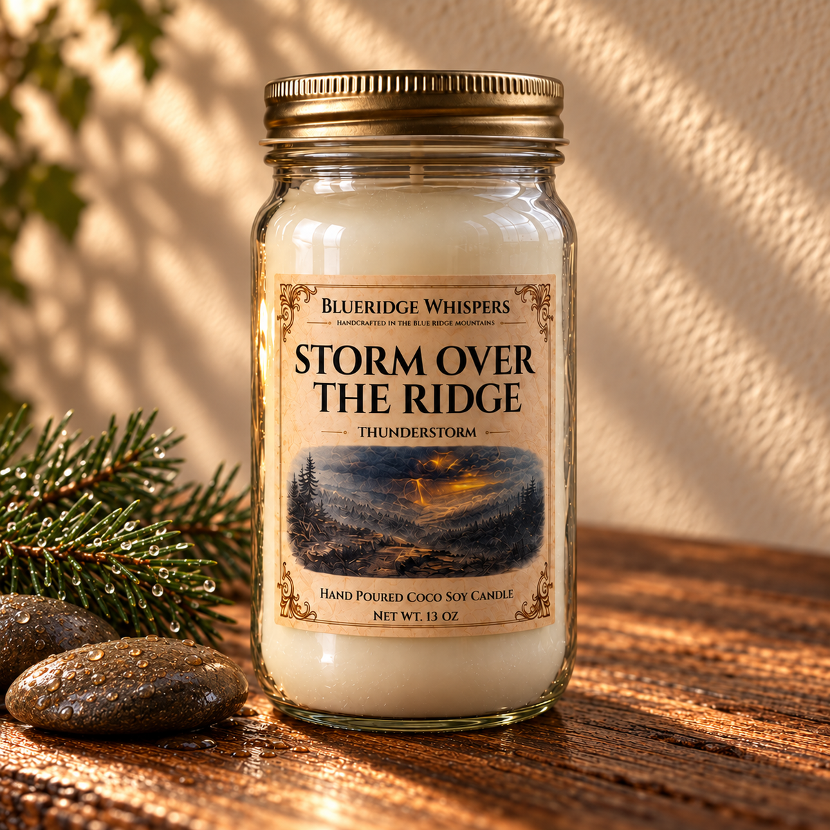 Storm Over the Ridge – Rain Coco-Soy Candle on a dark rustic wooden table with scent accents in warm natural light.