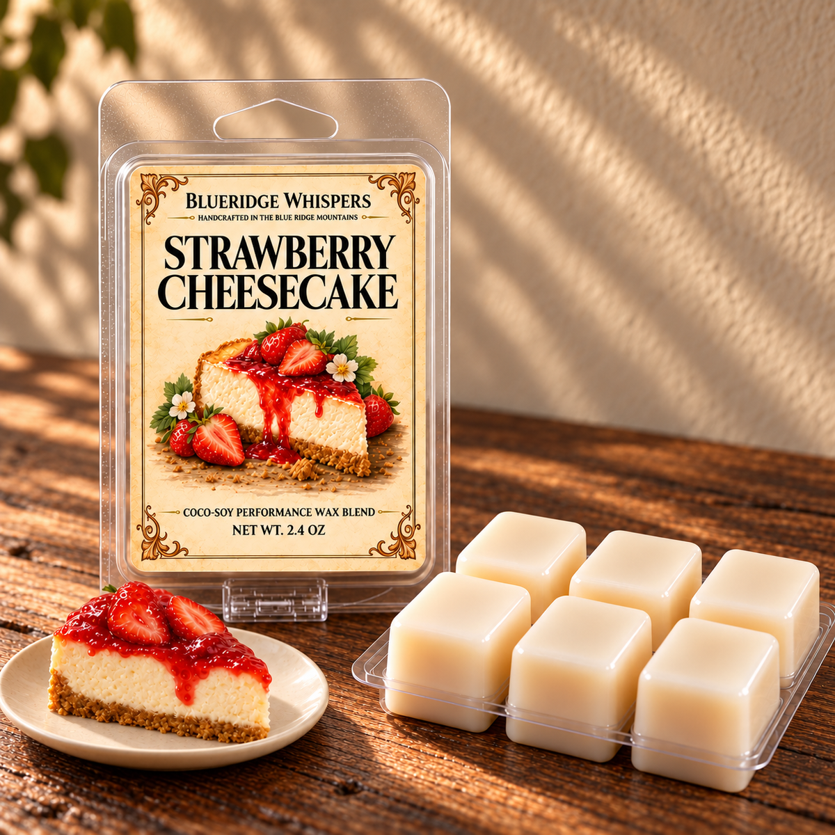 Strawberry Cheesecake Wax Melts – Sweet Dessert Scent on a dark rustic wooden table with scent accents in warm natural light.