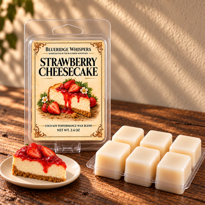 Strawberry Cheesecake Wax Melts – Sweet Dessert Scent on a dark rustic wooden table with scent accents in warm natural light.