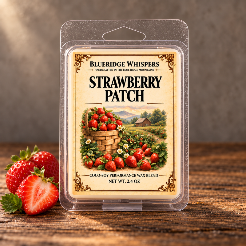 Strawberry Patch Wax Melts in a rustic indoor setting with scent accents