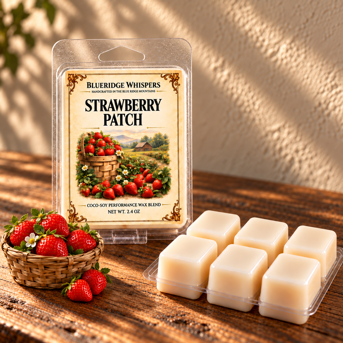 Strawberry Patch on a dark rustic wooden table with scent accents in warm natural light.