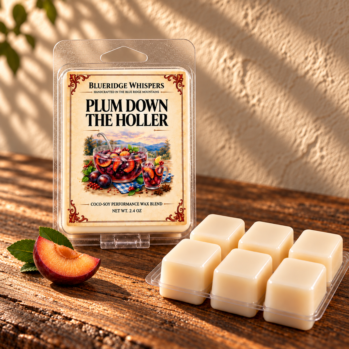Plum Down The Holler on a dark rustic wooden table with scent accents in warm natural light.