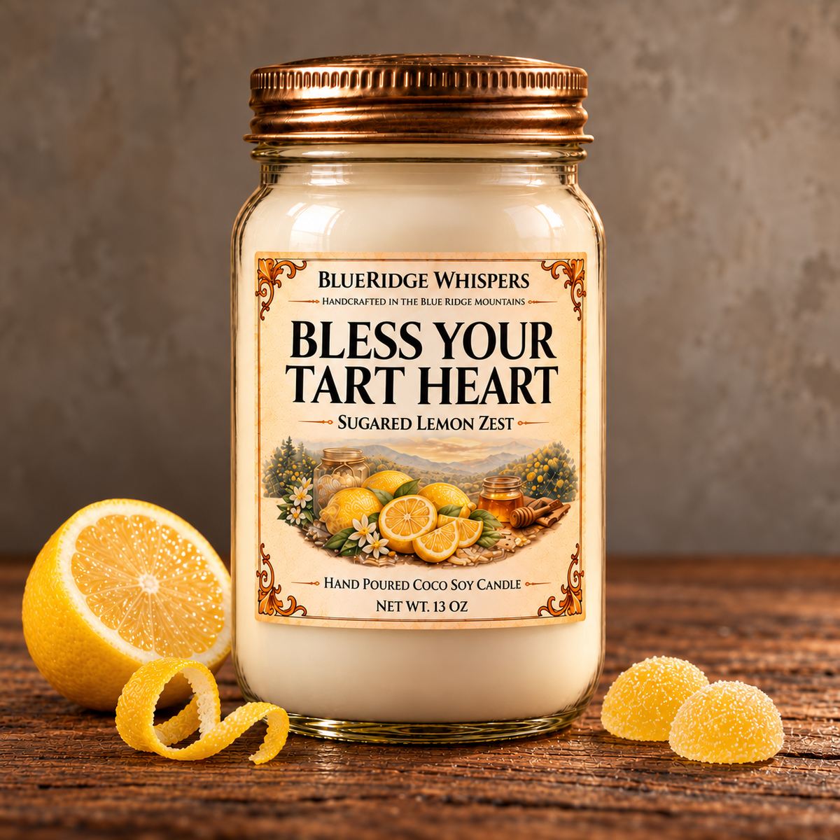 Bless Your Tart Heart – Sugared Lemon Zest Candle on weathered wood against a neutral plaster wall with small scent accents.