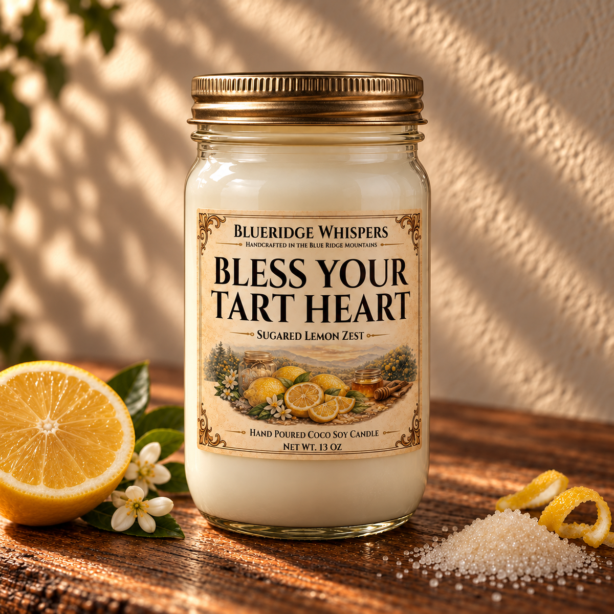 Bless Your Tart Heart – Sugared Lemon Coco-Soy Candle on a dark rustic wooden table with scent accents in warm natural light.