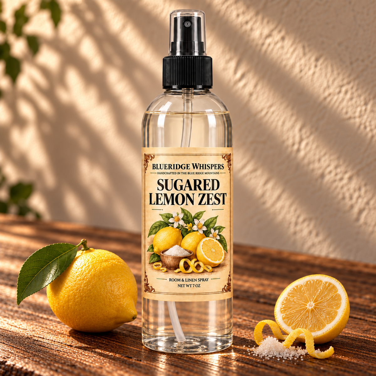 Sugared Lemon Zest Room & Fabric Spray on a dark rustic wooden table with scent accents in warm natural light.