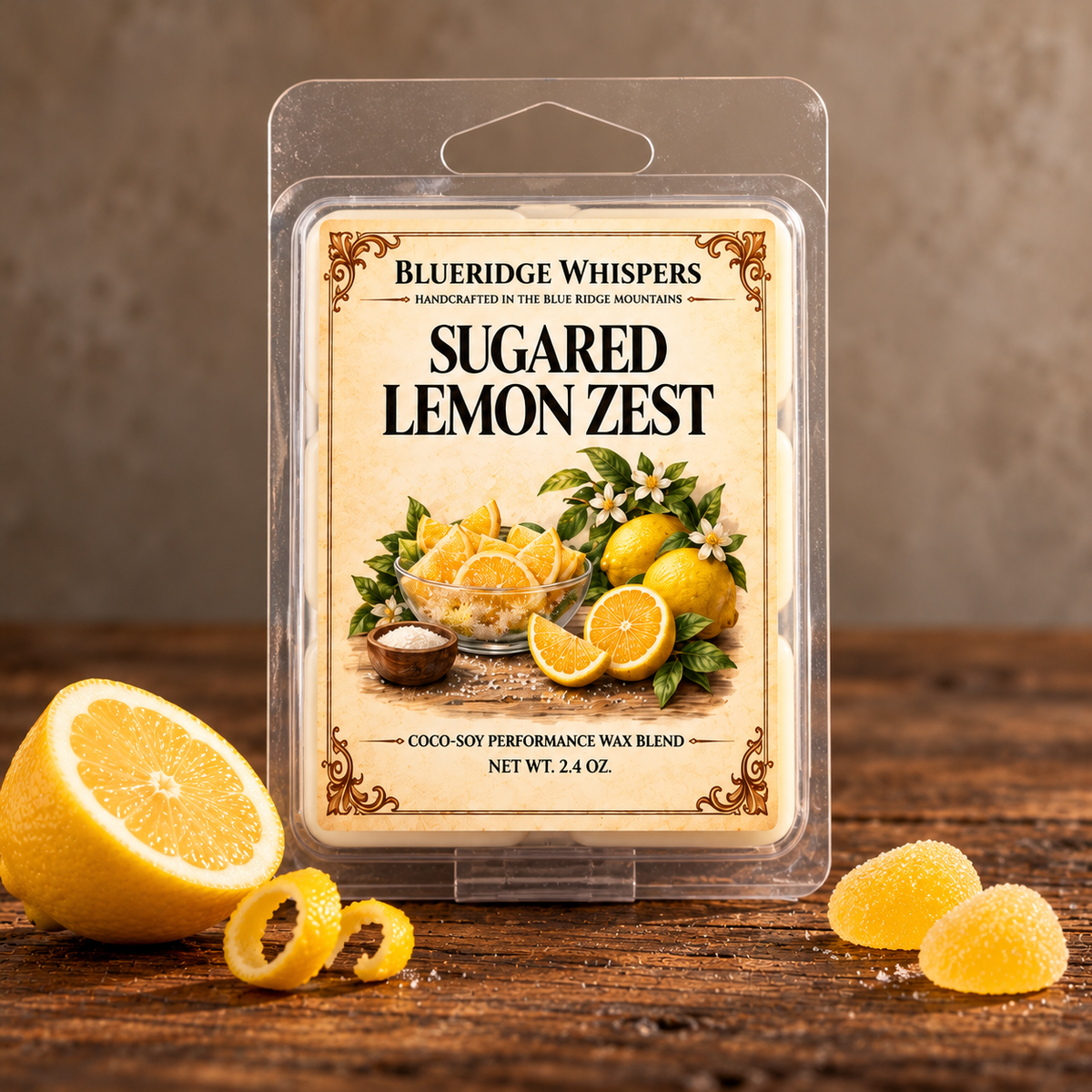 Sugared Lemon Zest – Soy Wax Melt in a rustic indoor setting with scent accents