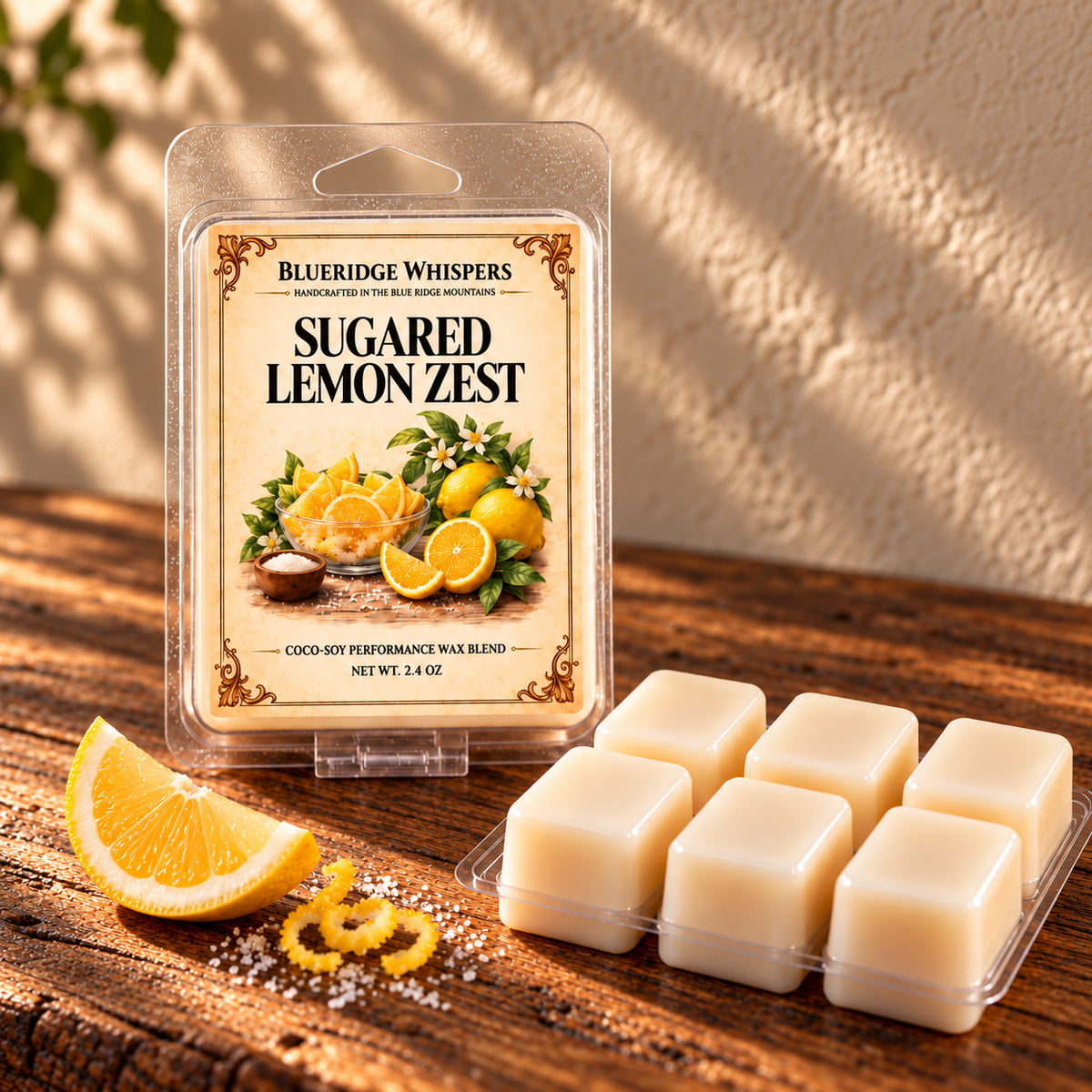 Sugared Lemon Zest – Soy Wax Melt on a dark rustic wooden table with scent accents in warm natural light.