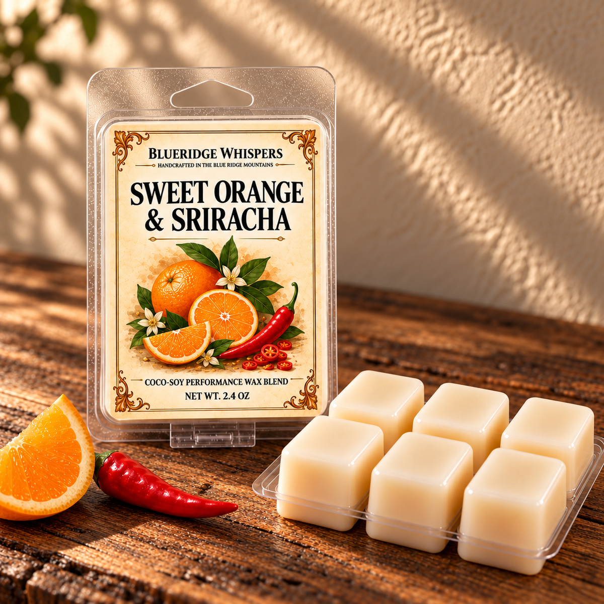 Sweet Orange & Sriracha Wax Melts on a dark rustic wooden table with scent accents in warm natural light.