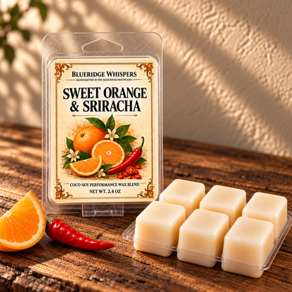 Sweet Orange & Sriracha Wax Melts on a dark rustic wooden table with scent accents in warm natural light.