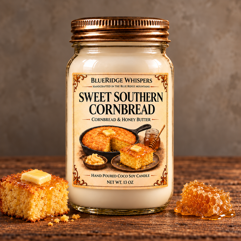 Sweet Southern Cornbread – Honey Butter Coco-Soy Candle on weathered wood against a neutral plaster wall with scent accents.