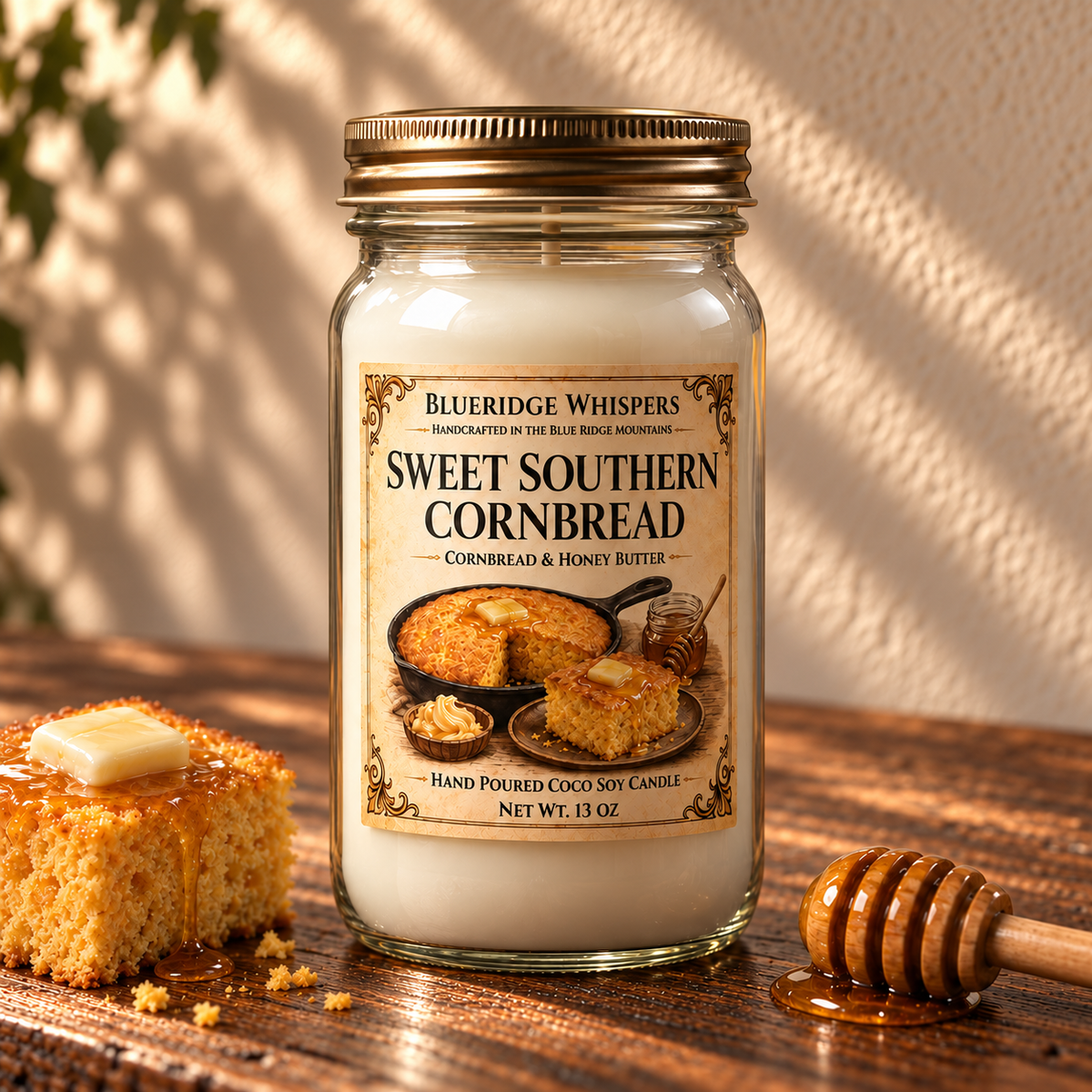 Sweet Southern Cornbread – Honey Butter Coco-Soy Candle on a dark rustic wooden table with scent accents in warm natural light.