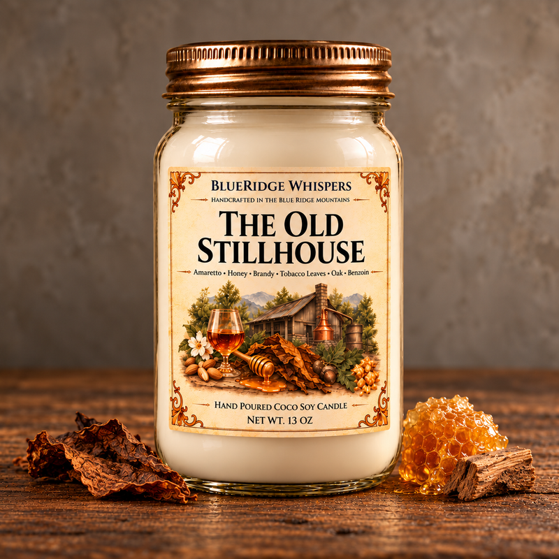 The Old Stillhouse – Tobacco & Honey Coco-Soy Candle on weathered wood against a neutral plaster wall with scent accents.