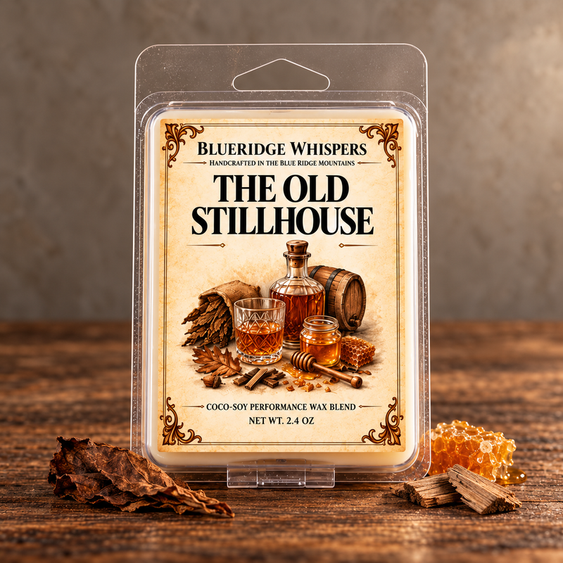 The Old Stillhouse Wax Melts in a rustic indoor setting with scent accents