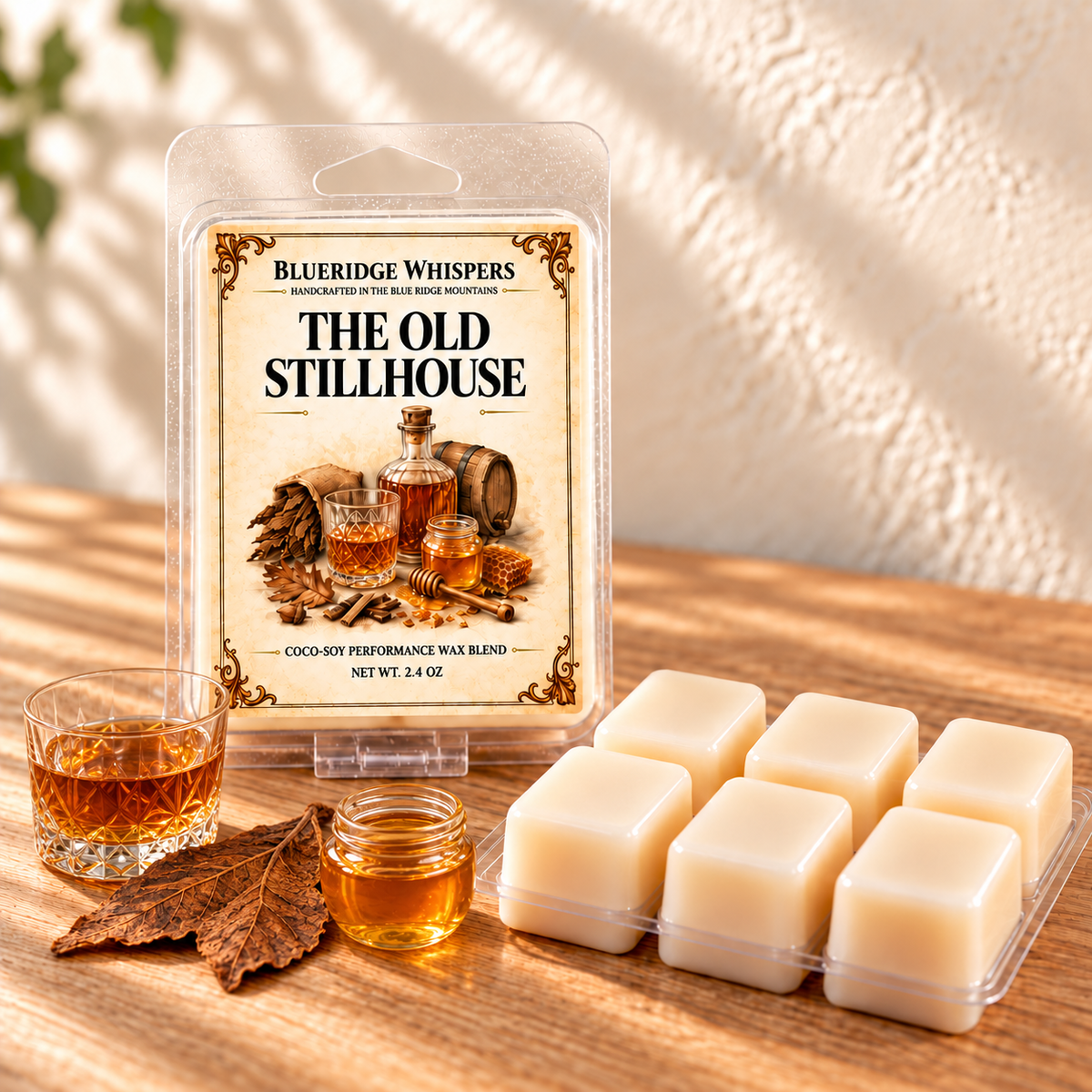 The Old Stillhouse Wax Melts — minimal main photo with amaretto, tobacco leaves and honey
