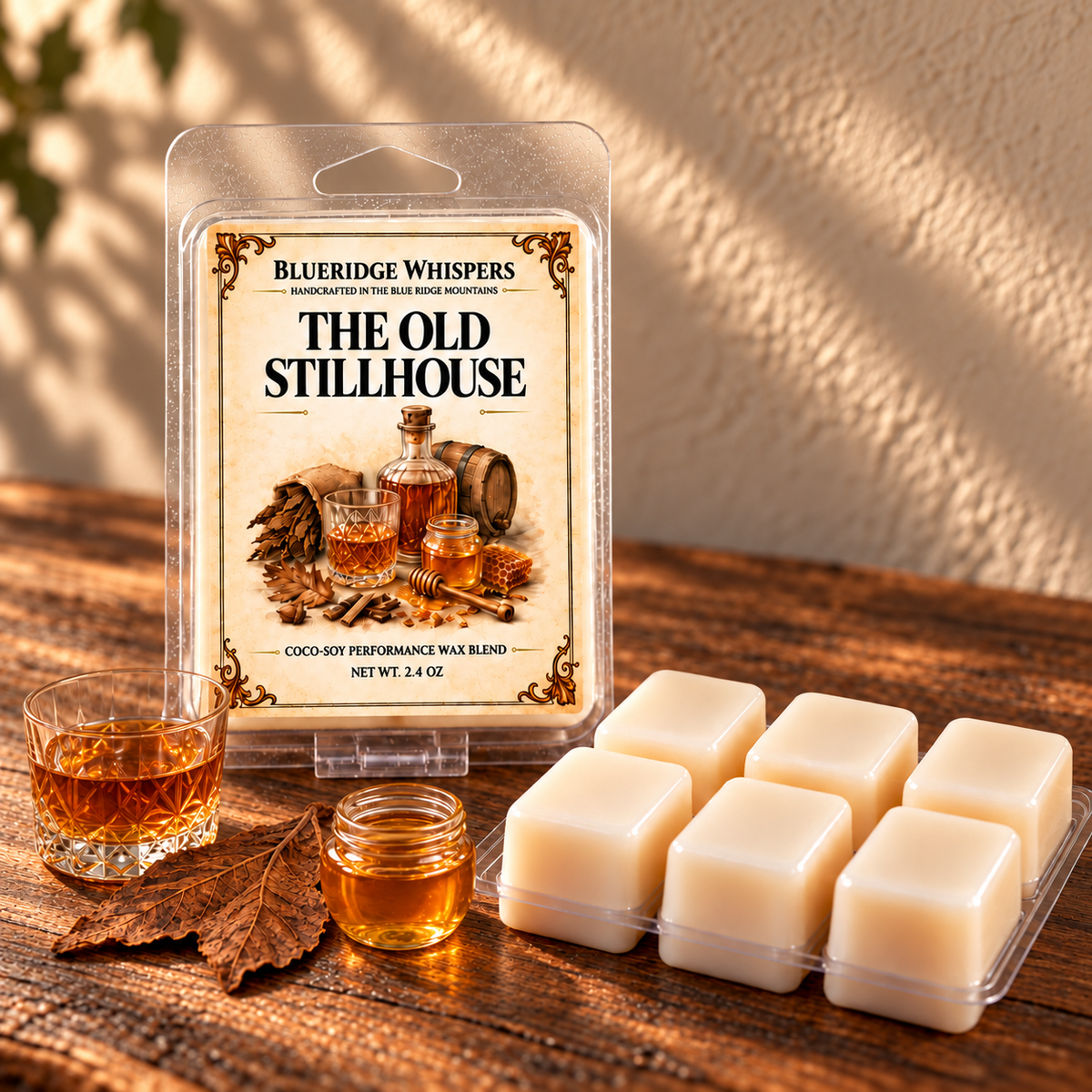 The Old Stillhouse Wax Melts on a dark rustic wooden table with scent accents in warm natural light.