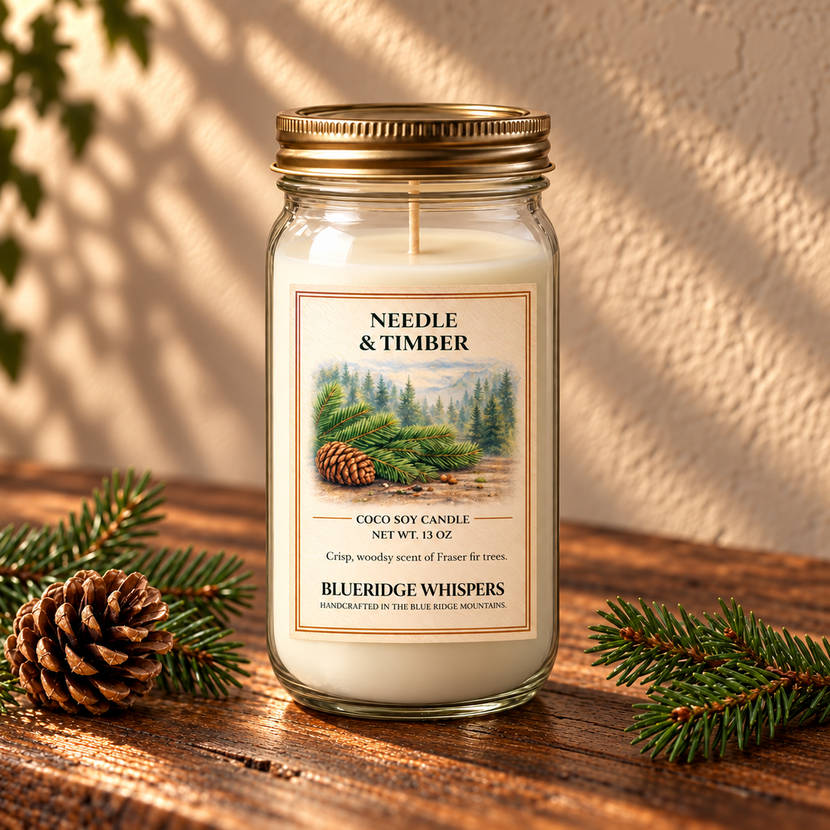 Timber & Needle – Fraser Fir Coco-Soy Candle on a dark rustic wooden table with scent accents in warm natural light.