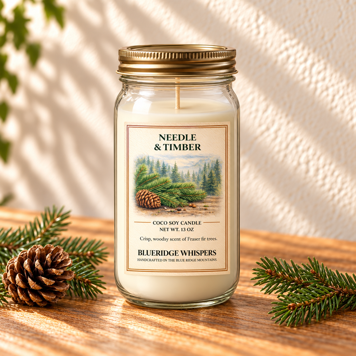 Timber & Needle – Fraser Fir Coco-Soy Candle in a tall gold-lidded mason jar on sunlit wood with scent accents.