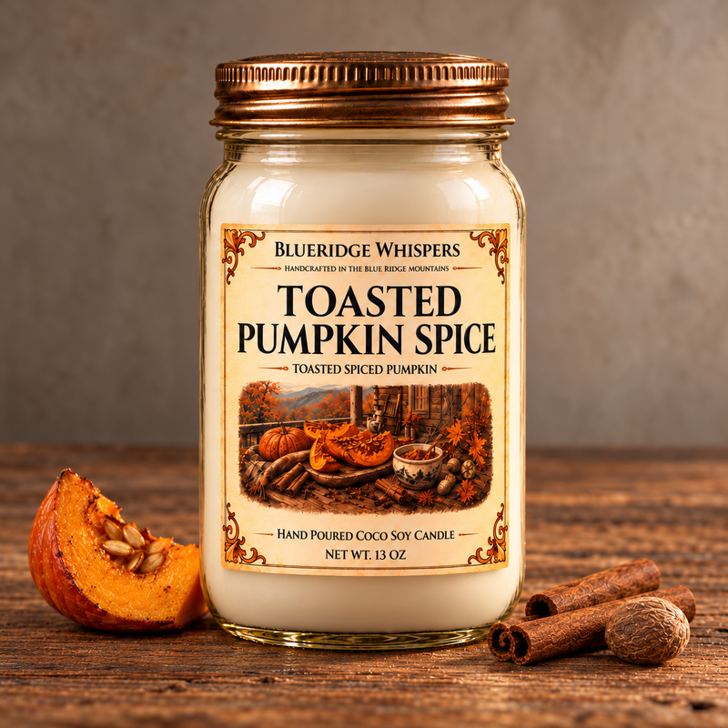 Toasted Pumpkin Spice – Smoky Fall Coco-Soy Candle on weathered wood against a neutral plaster wall with scent accents.