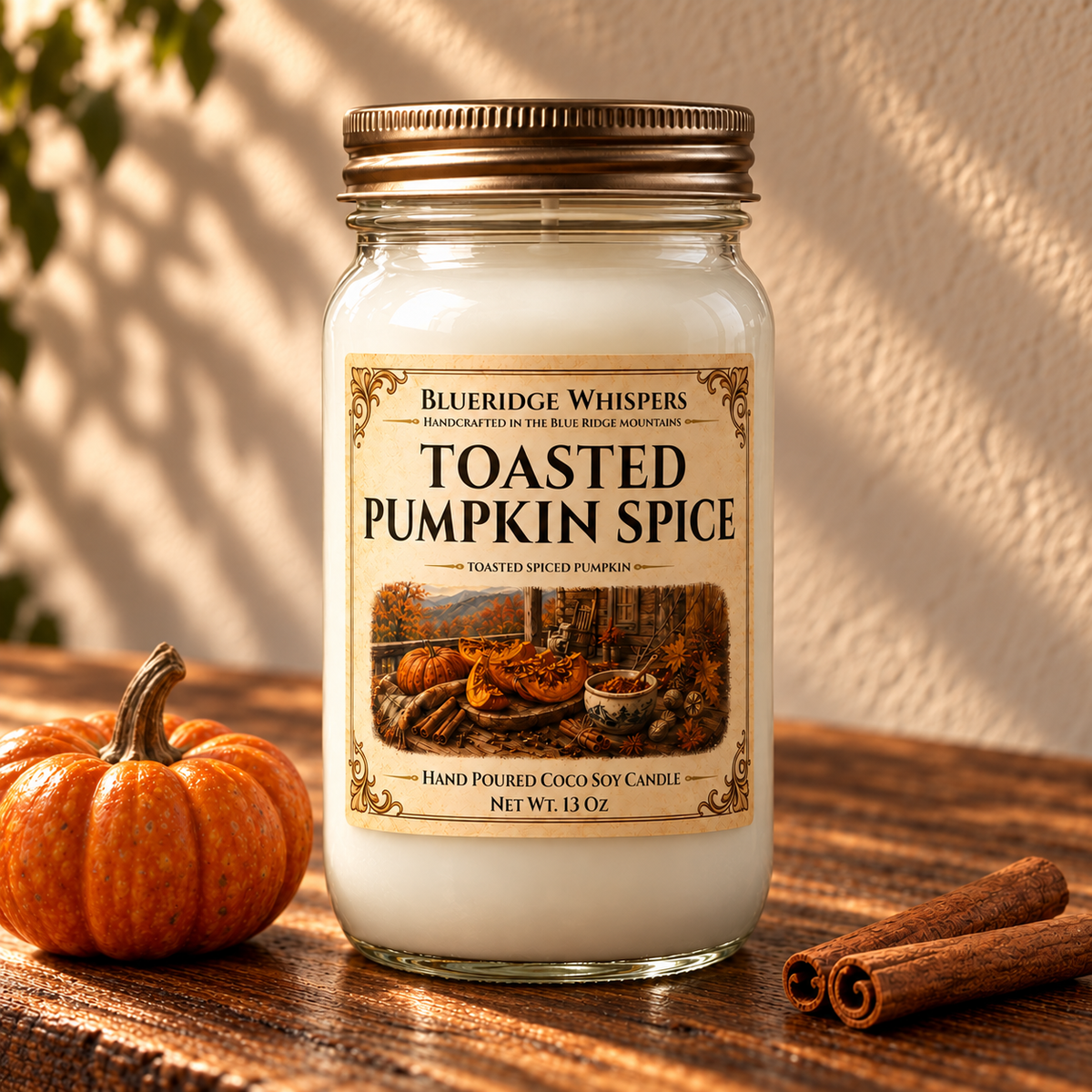 Toasted Pumpkin Spice – Smoky Fall Coco-Soy Candle on a dark rustic wooden table with scent accents in warm natural light.