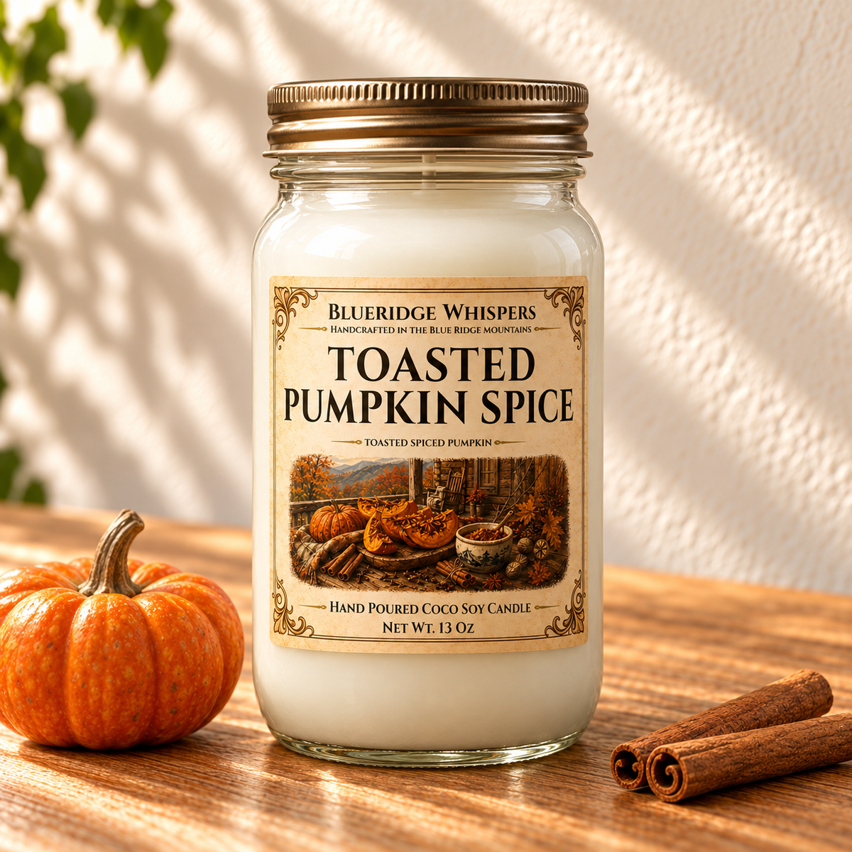 Toasted Pumpkin Spice – Smoky Fall Coco-Soy Candle in a tall gold-lidded mason jar on sunlit wood with scent accents.