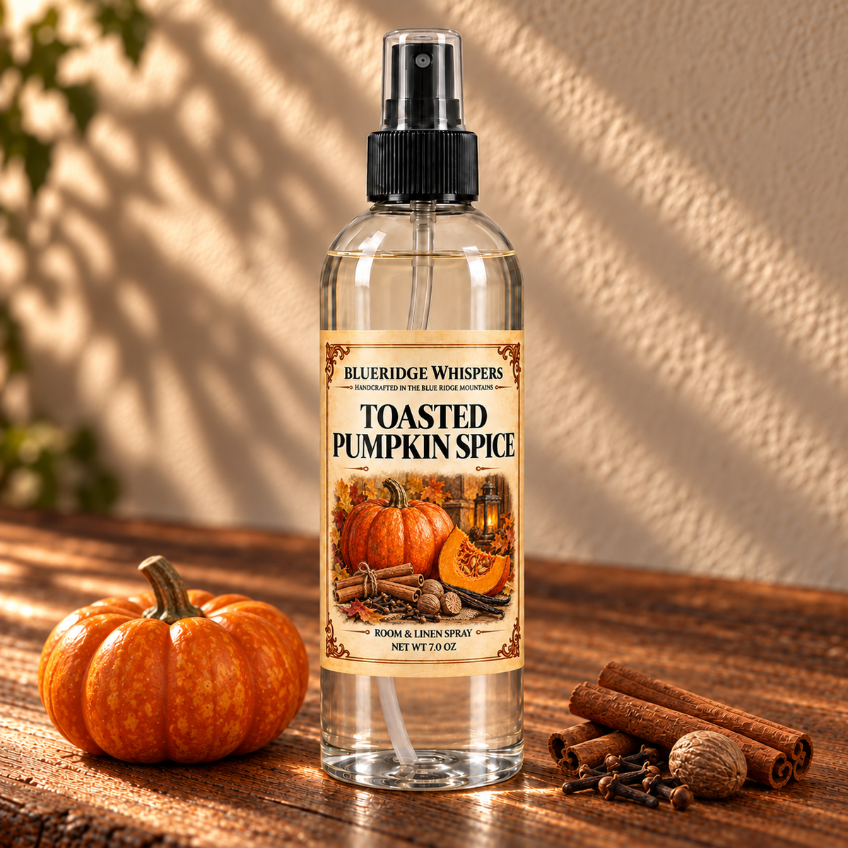 BlueRidge Whispers Toasted Pumpkin Spice Room & Fabric Spray, 7 oz net weight, in a clear bottle with a black fine-mist sprayer and illustrated parchment label