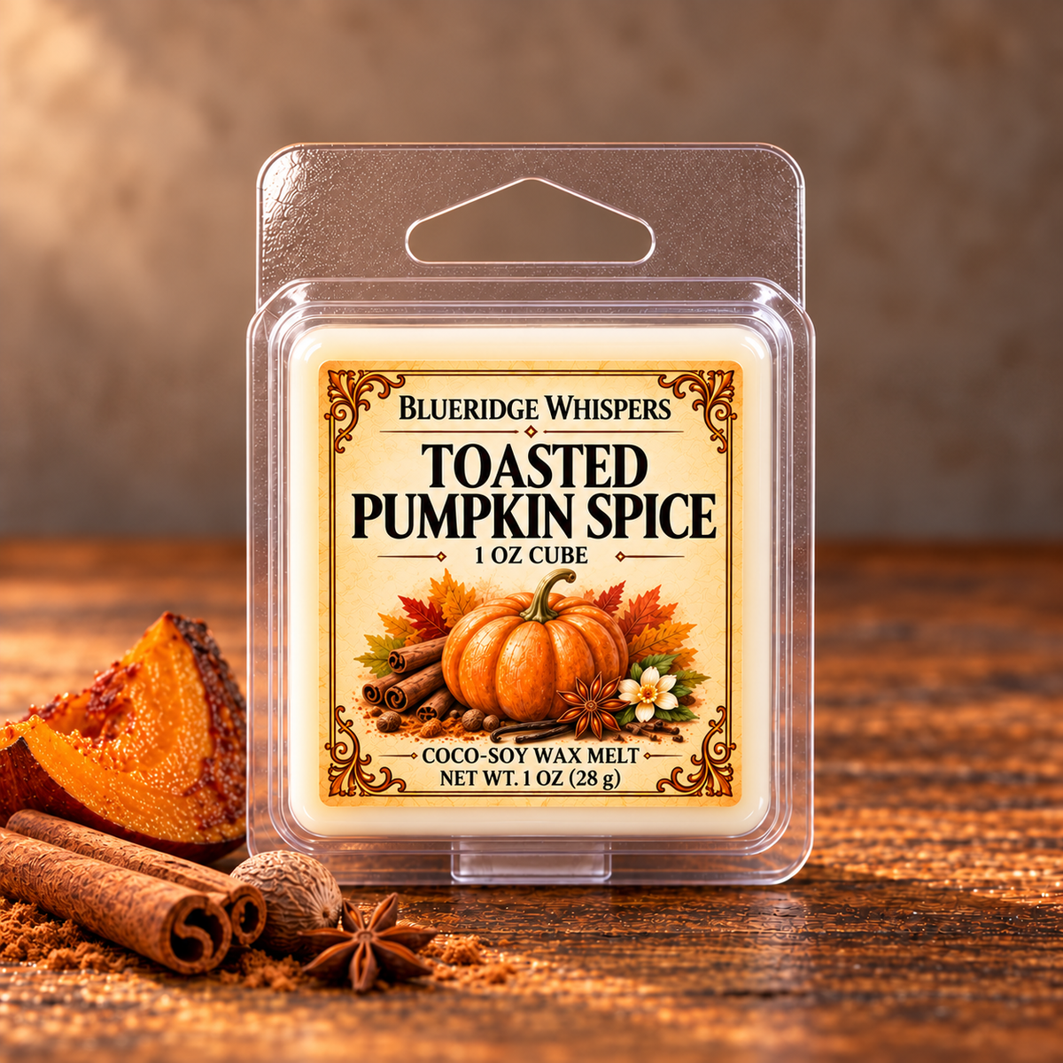 Toasted Pumpkin Spice 1 oz cube in a clear single-cube clamshell, front label facing forward