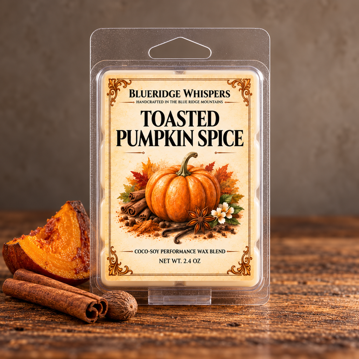 Toasted Pumpkin Spice Wax Melts – Fall Scented Soy in a rustic indoor setting with scent accents