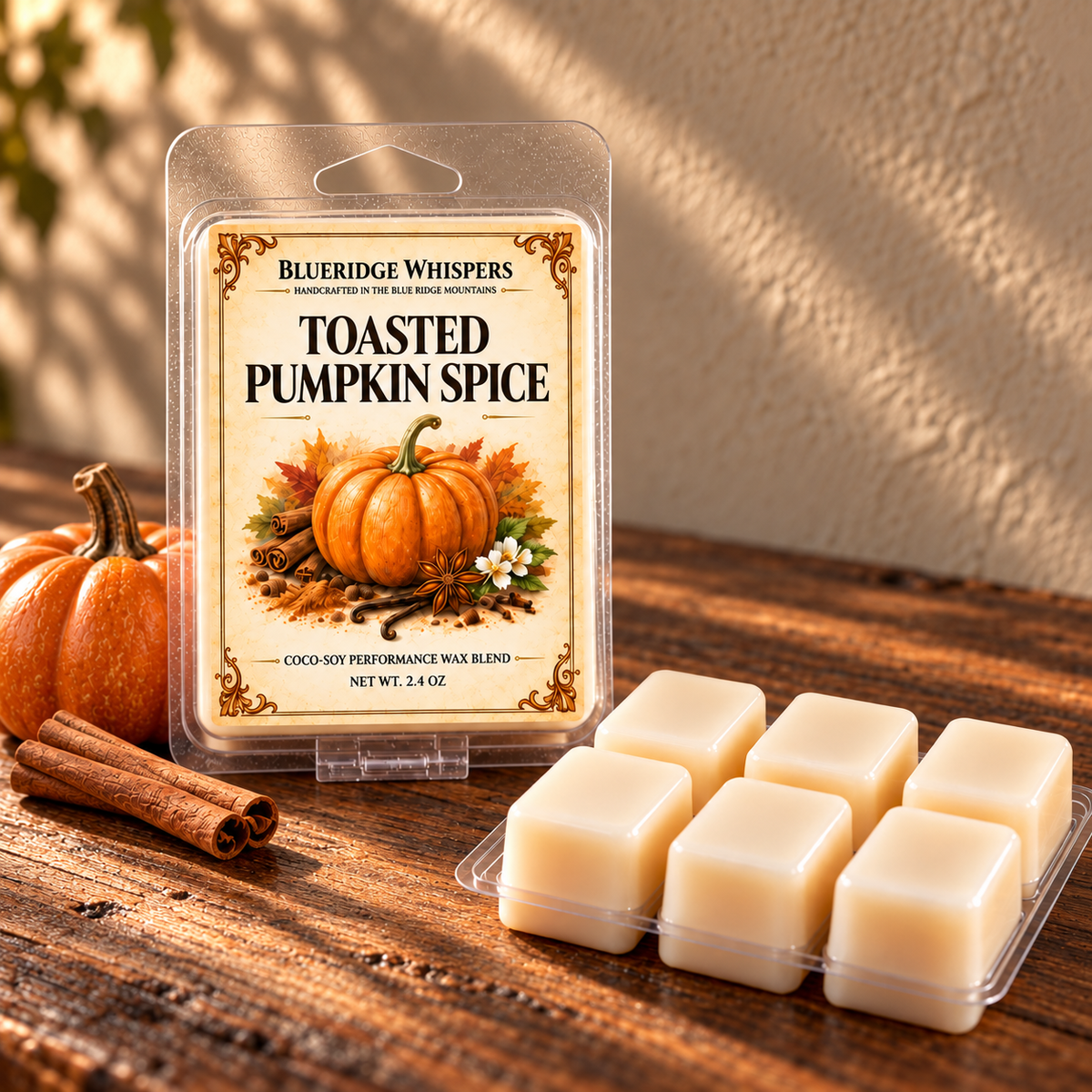Toasted Pumpkin Spice Wax Melts – Fall Scented Soy on a dark rustic wooden table with scent accents in warm natural light.