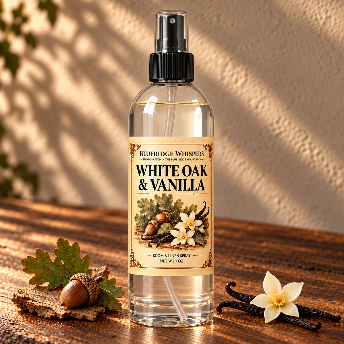 White Oak & Vanilla Room & Fabric Spray on a dark rustic wooden table with scent accents in warm natural light.