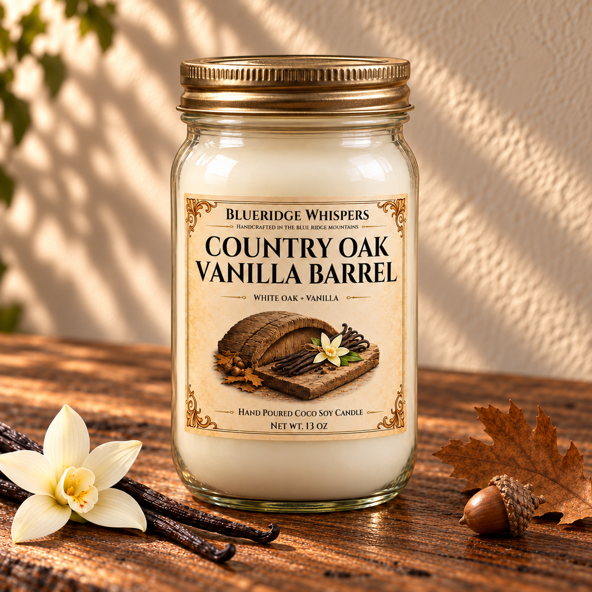 Country Oak Vanilla Barrel – Oak & Vanilla Coco-Soy Candle on a dark rustic wooden table with scent accents in warm natural light.