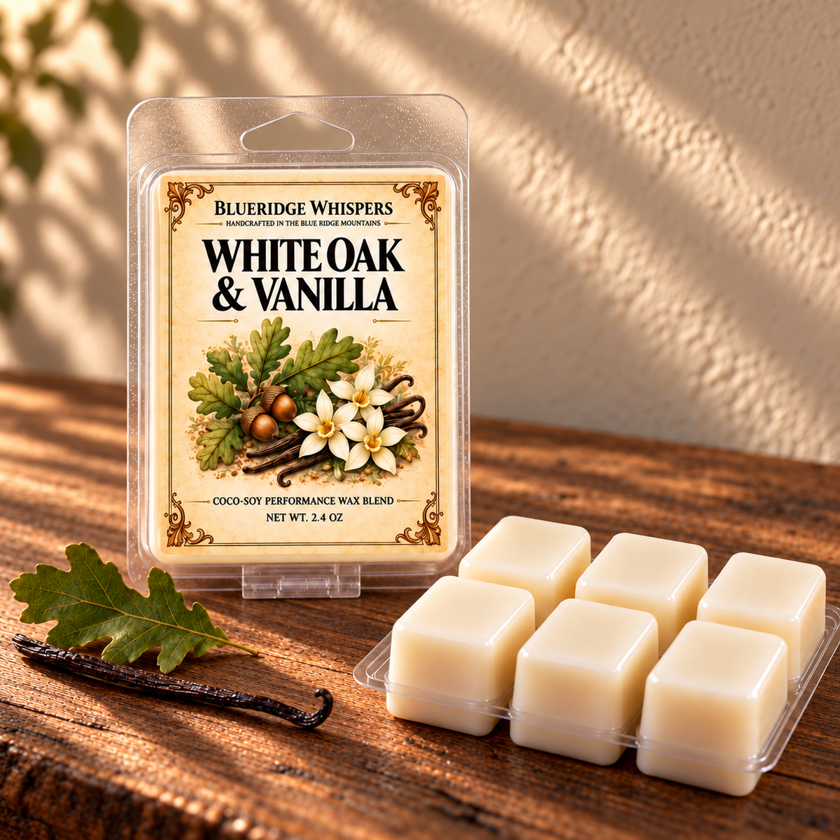 White Oak & Vanilla Soy Wax Melts – Earthy & Smooth Scent on a dark rustic wooden table with scent accents in warm natural light.