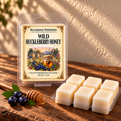 Wild Huckleberry Honey – Soy Wax Melt on a dark rustic wooden table with scent accents in warm natural light.